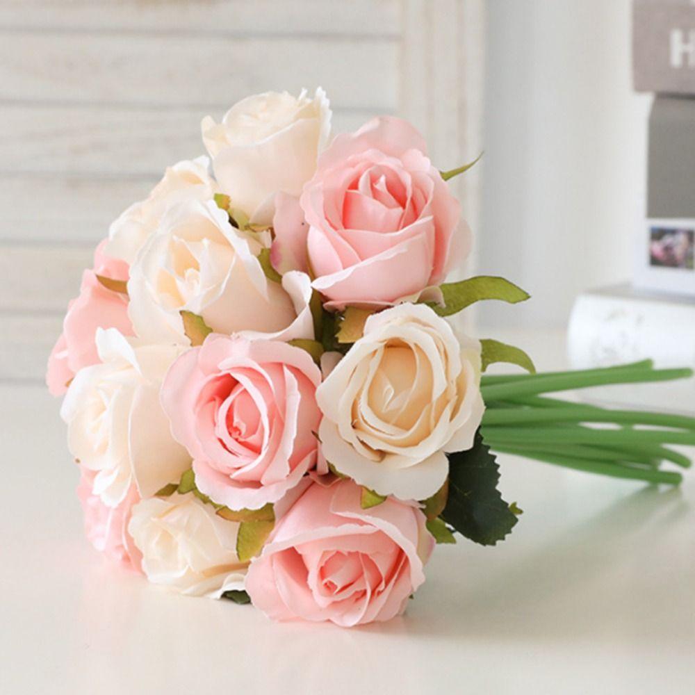 Plastic Simulation Rose Flower 12 Head Fake Flowers Artificial Rose Bouquet Outdoor Garden Decor