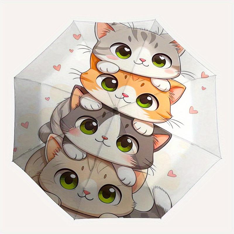 Cute Cats, Kawaii Animals Automatic Folding Umbrella 8 Ribs, Durable Iron Frame, Bright Color Pattern Compact Travel Umbrella, Suitable for