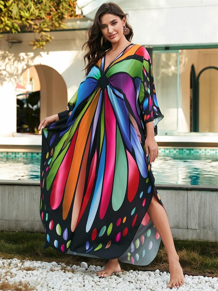 EDOLYNSA Plus Size Kaftan Red Bohemian Printed Summer Long Beach Dress Women Homewear Outfit Swim Suit Cover Up Loose Caftan
