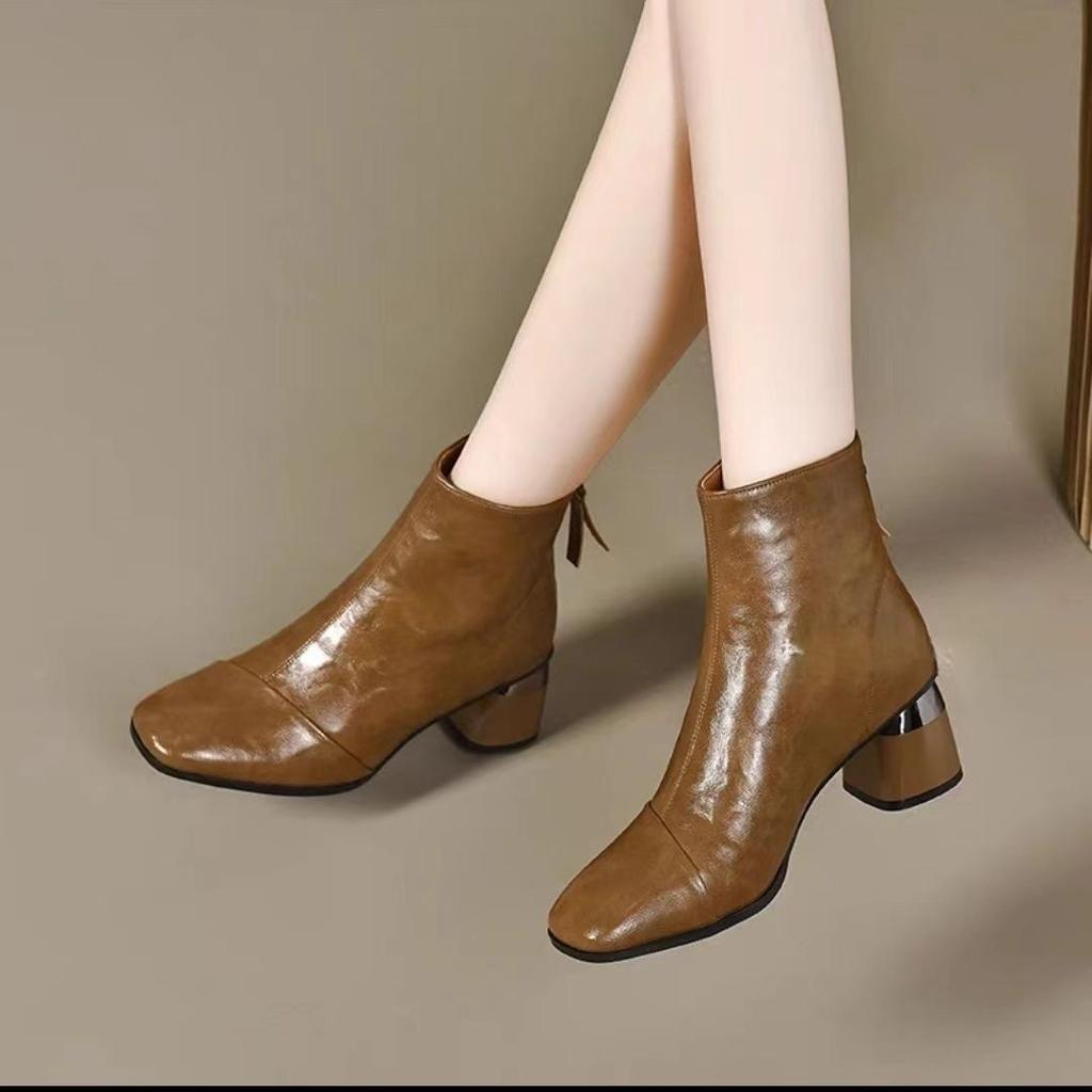 2024 новые осенние мягкие кожаные короткие сапоги женские мягкие кожаные туфли на среднем каблуке кожаные туфли весна-осень бархат квадратный нос высокий каблук