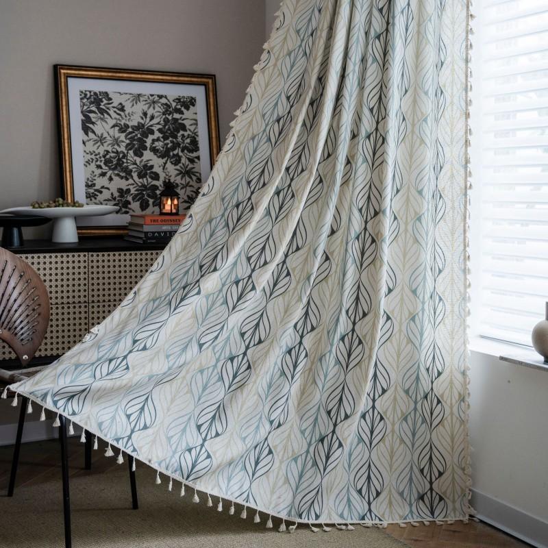 Modern Geometric Print Cotton Linen Sheer Curtain With Tassel Trim Kitchen Window Living Room Dining
