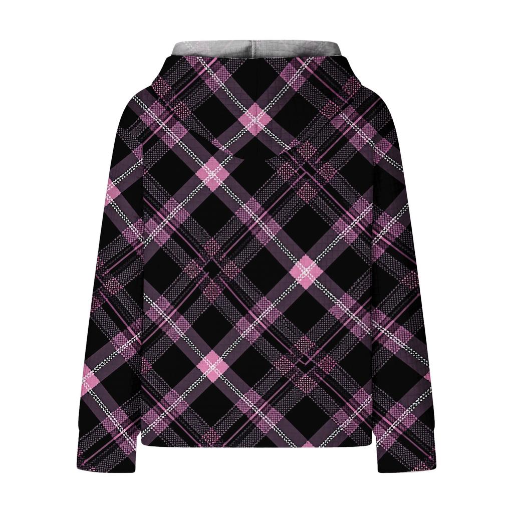 Женский модный свободный пуловер с капюшоном, длинными рукавами, клетчатый свитшот с кулиской, приспущенным плечом и принтом-топом с карманом