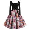 Women's Vintage Long Sleeve Square Neck Halloween Print Party Dress with Flared Skirt and Waist Tie for Evening Events
