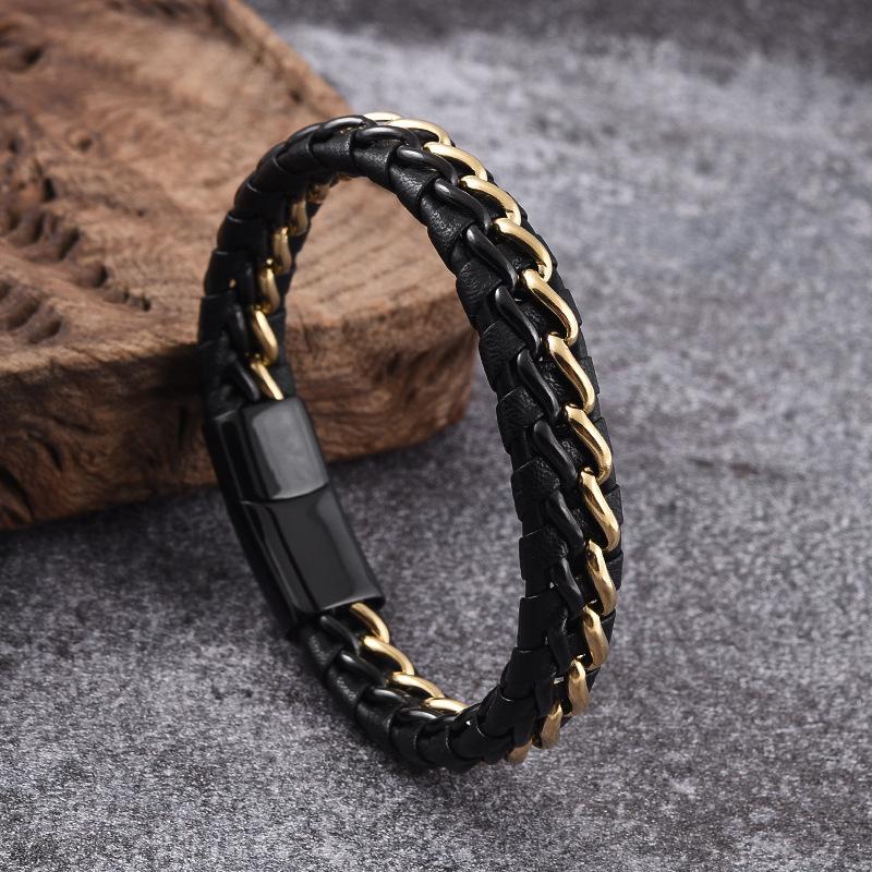 Модный ювелирный браслет из нержавеющей стали с перекрестными границами, кожаный браслет из черного золота, персонализированный мужской браслет в стиле ретро-панк