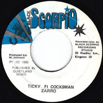 7-дюймовая пластинка БОББИ ЗАРРО - Ticky Fi Cocksman НИКАКОЙ Black Scorpio 1993 Ямайка Регги, Ска и Даб Б/У