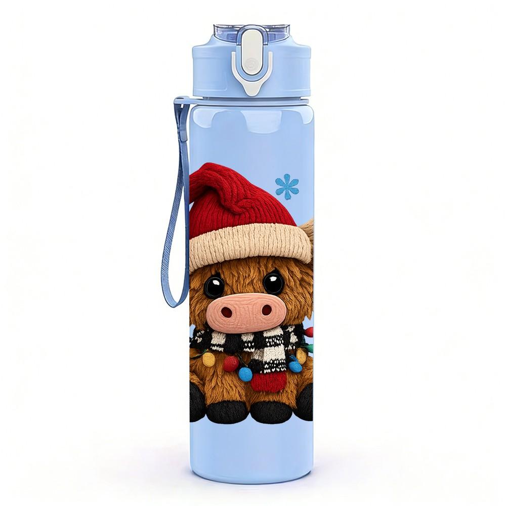 1PC Santa Hat Cute Cow 750ml Color Plastic Sports Water Bottle Leakproof Flip Straw Lid Suitable for Sports Office Home Use