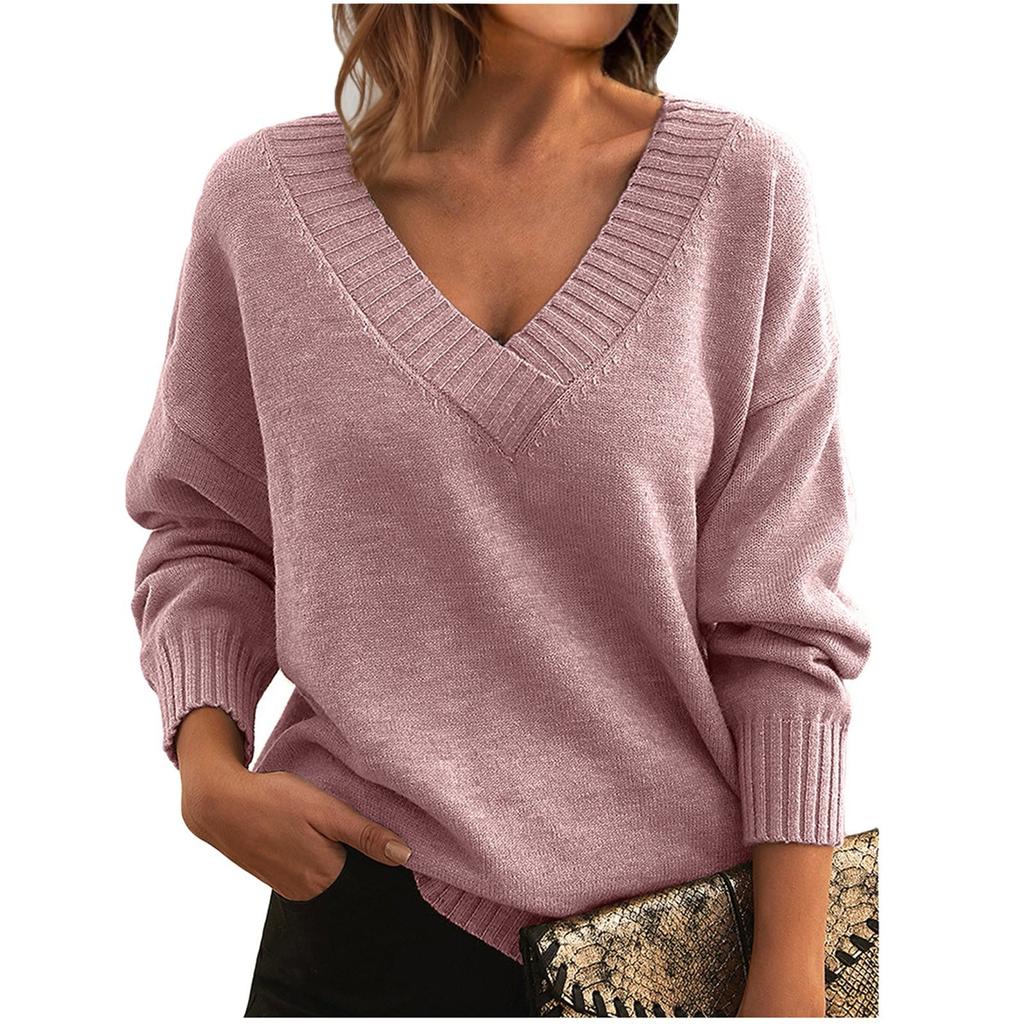 Women's Fashion Casual Solid Color Sweater Set Head V Neck Warm Long-sleeved Sweater