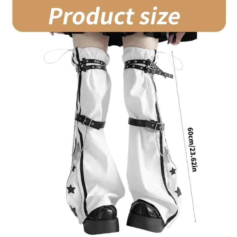 Women Harajuku Star Print Zippered Flared Leg Warmer Aesthetic Fashion Punk PU Harness Strap Leg Cover Thigh High Socks