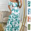 Women Sexy Off Shoulder Printed Lace Up Cutout High Waist Slim Fit Long Swing Dress