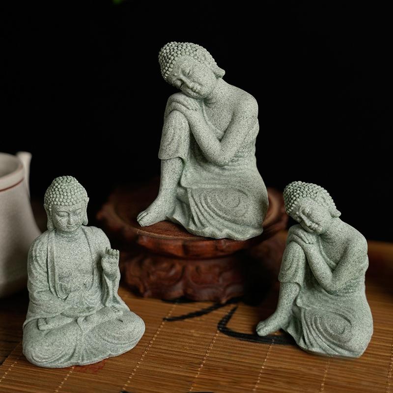 Mini Thai Green Sandstone Figurine; Buddha Desk Decor for Office Zen Ambiance