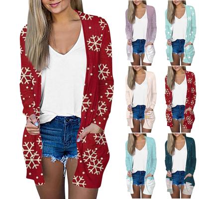 Рождественская женская модная повседневная куртка-кардиган средней длины с длинным рукавом и принтом