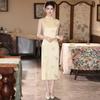 New Chinese style national style embroidered long cheongsam women's 1011 spring and summer new slim and thin lady fan can be worn every day