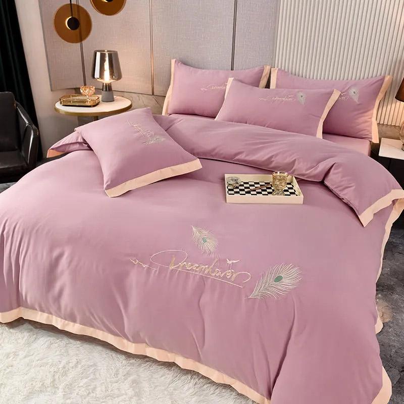 4pcs/set Soft and Comfortable Naked Sleeping Four-piece Bedding Set Feather Embroidery Quilt Cover Simple Bedding Complete Set of Bedding Set