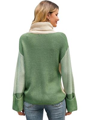 Женский свитер с высоким воротом, длинным рукавом, цветным блоком, вязаный, плотный, роскошный, свободного кроя, стройнящий и универсальный топ