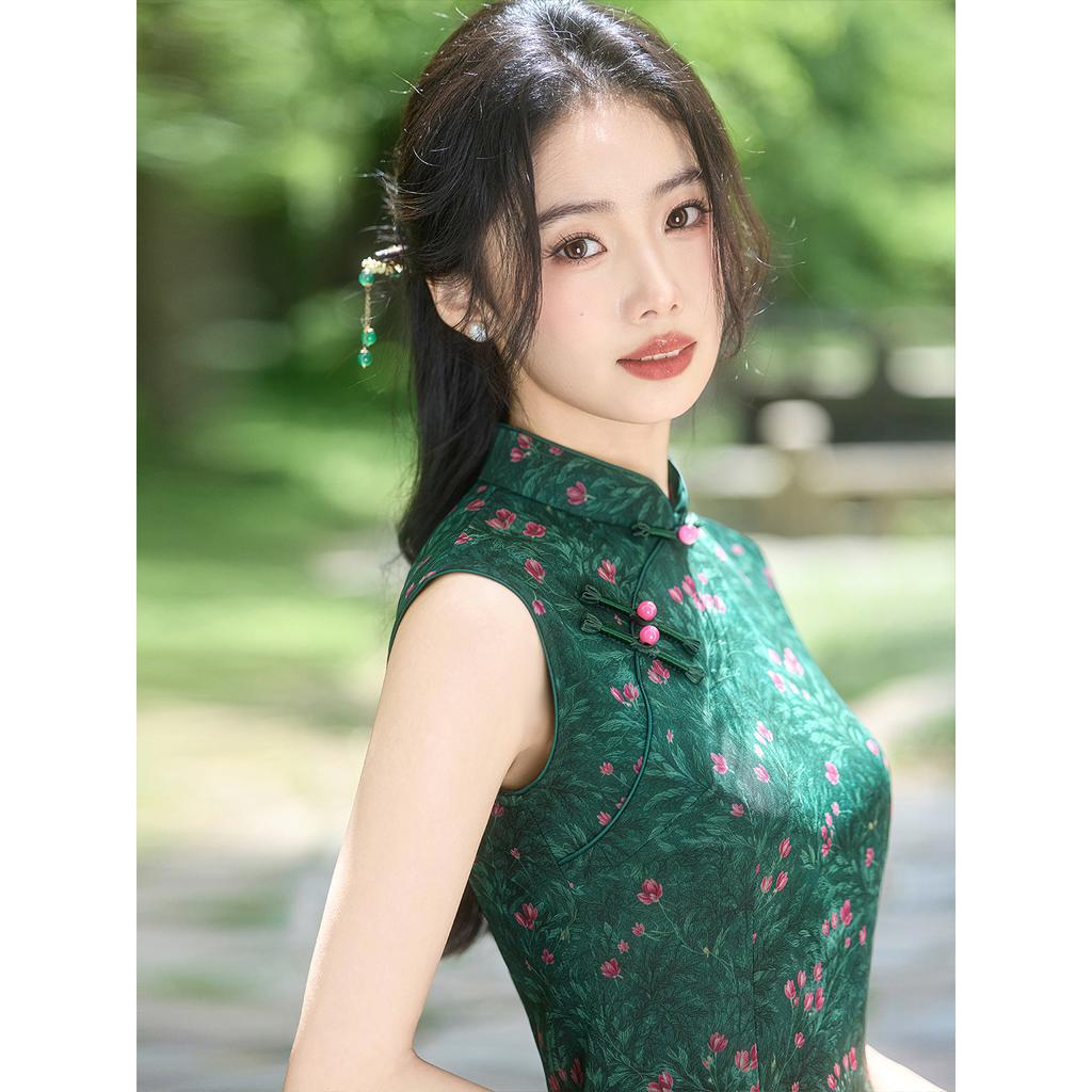 1011 summer new cheongsam new Chinese style long sleeveless cheongsam daily slim women's cheongsam