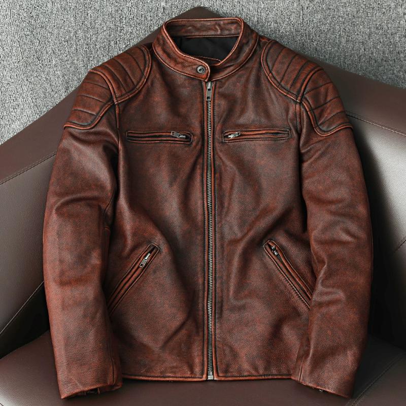 Vintage Genuine Leather Jacket for Men Distressed Short Slim Fit Stand Collar Biker Coat