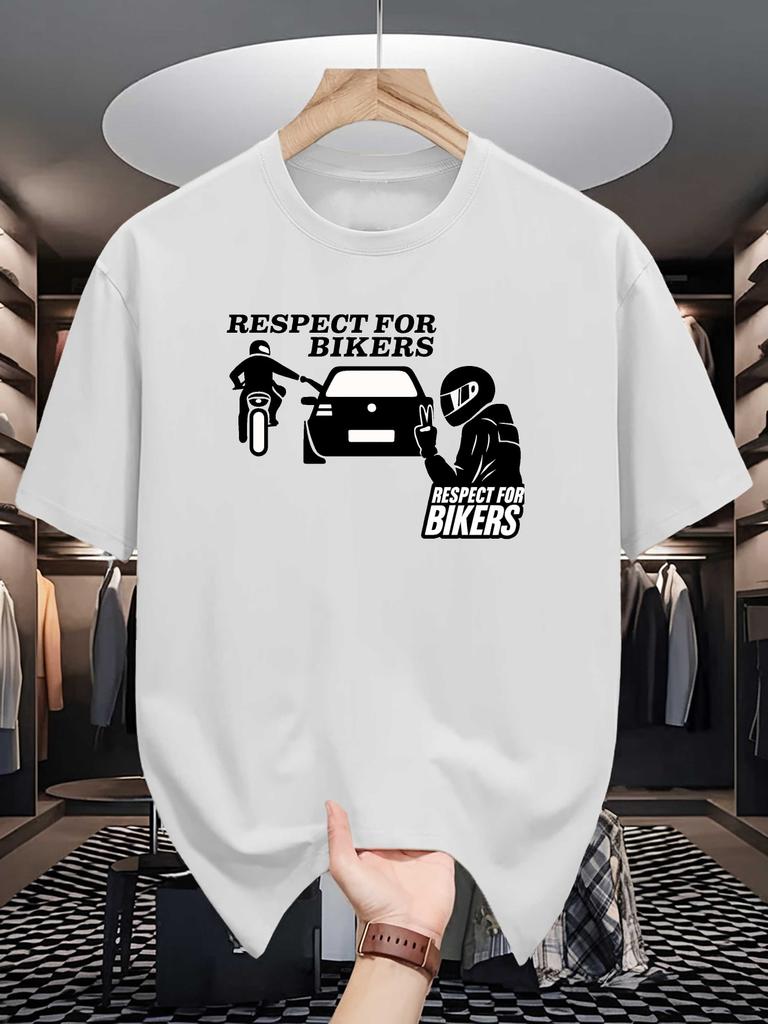 Unisex Beige Tee Motorcycle Rider Respect For Bikers Text Graphic Print Crew Neck Short Sleeve Summer Casual Male Cotton Street Top