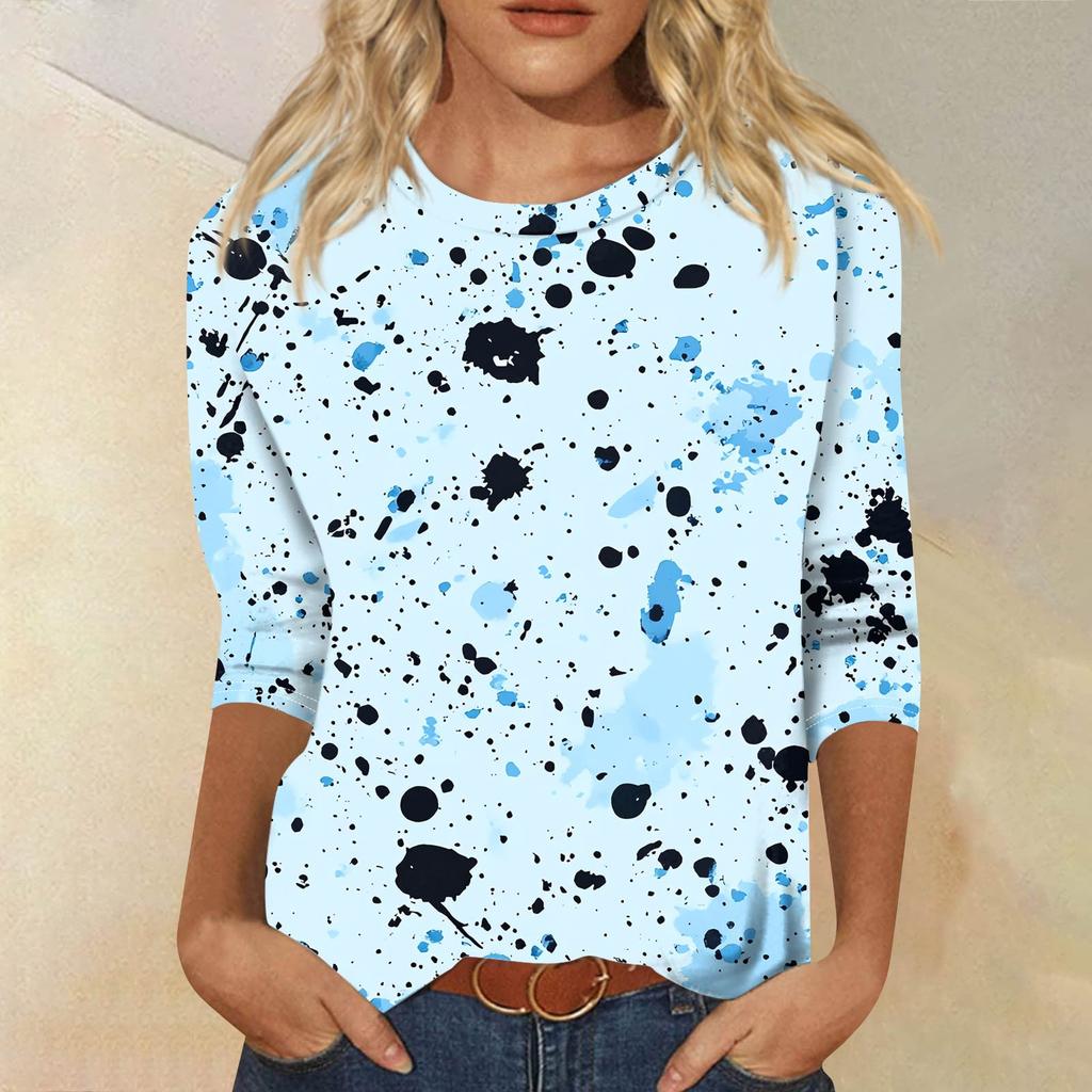 Женская модная повседневная футболка с рукавом семь восьмых, принтом и круглым вырезом