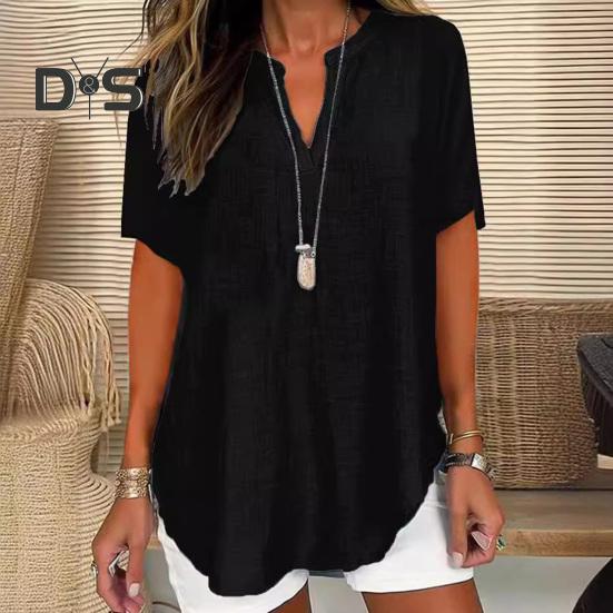 Женская рубашка с V-образным вырезом, коротким рукавом, свободный крой, повседневная рубашка, однотонная эластичная футболка, повседневная одежда