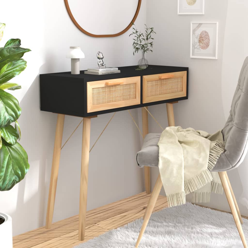 Console Table Black 80x30x75 cm Solid Pine Wood Natural Rattan