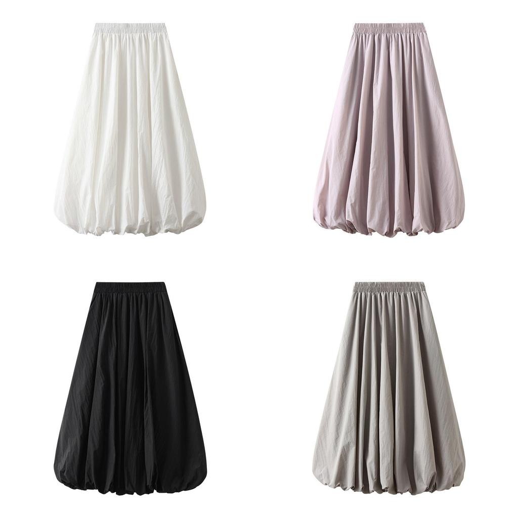 Lantern Skirt For Women With Elastic Waist Polyester Midlength Casual Style
