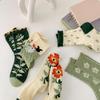 Women Socks Korean Japanese Style Cartoon Green Flower Harajuku Cute Kawaii Mid Tube Socks Breathable Casual Short  Cotton Socks