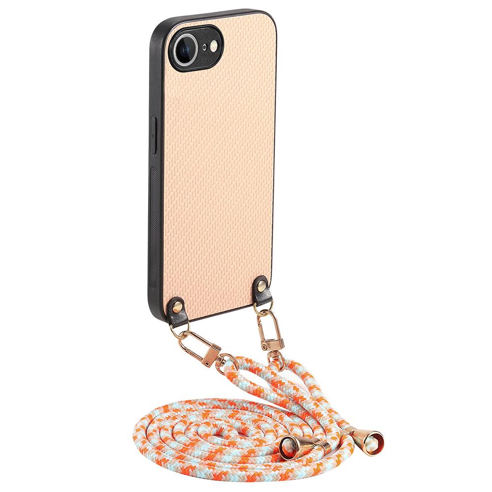 For iPhone 16e Case Carbon Fiber Texture PU+PC+TPU Anti Drop Phone Cover with Crossbody Lanyard