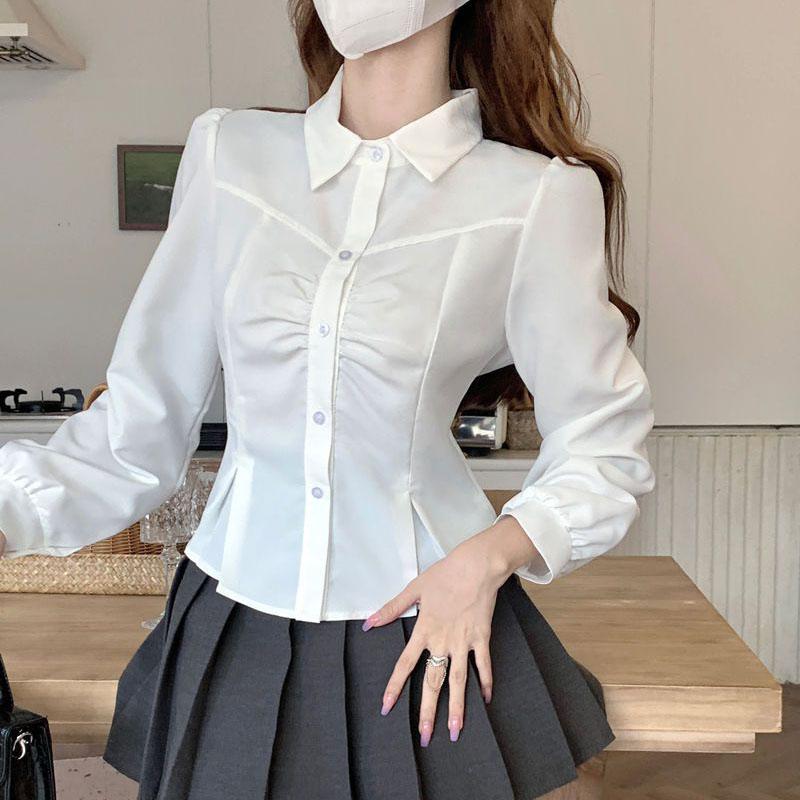 Белая укороченная рубашка женская корейский стиль универсальный повседневный дизайн рубашки и блузки Jk женская мода тонкий офисная блузка на пуговицах