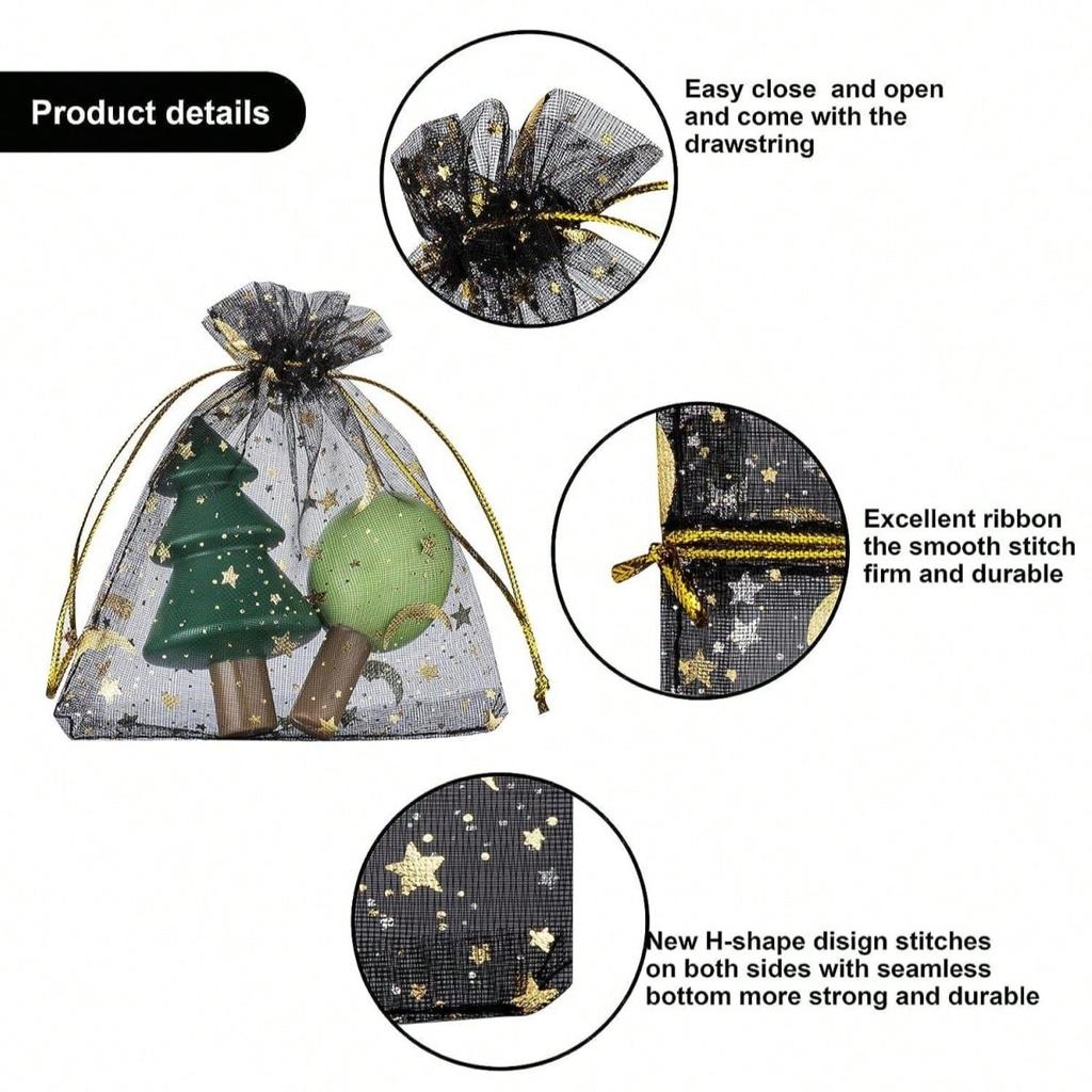 Moon & Star Printed Drawstring Organza Bags, Black, Candy Gift Bags, for Cosmetics, Party, Jewelry and Festivals, 3.5x4.7inch (9x12cm)