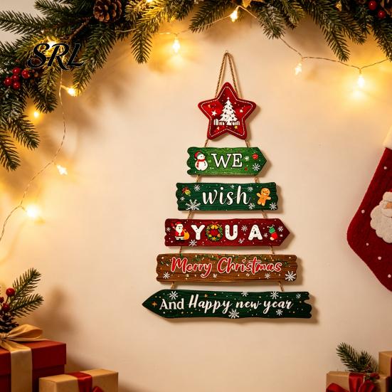 Indoor Outdoor Festive Wall Decor Rustic Wooden Hanging Pendant for Christmas Holiday Home Door, Decorative Atmosphere Art Sign Ornament with
