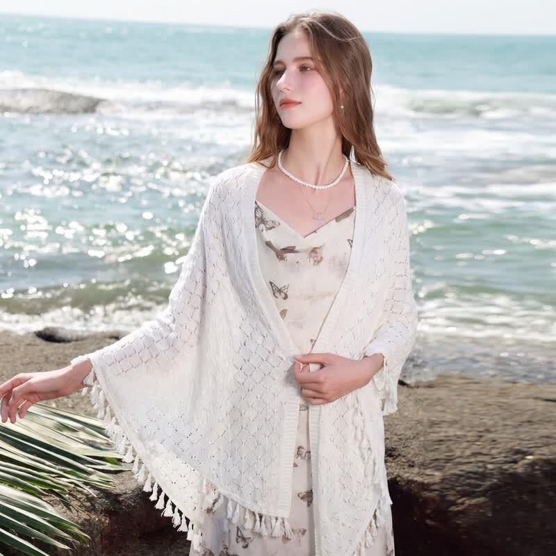Sancai 2026 Вязаный пончо-шаль с кисточками