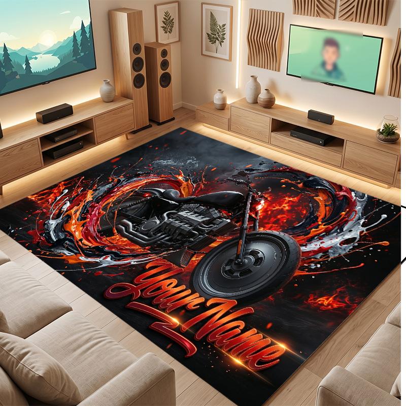 Motorcycle Biker Theme Soft Crystal Velvet Rug Custom Name & Text Print Non Slip Floor Rug for Bedroom Living Room
