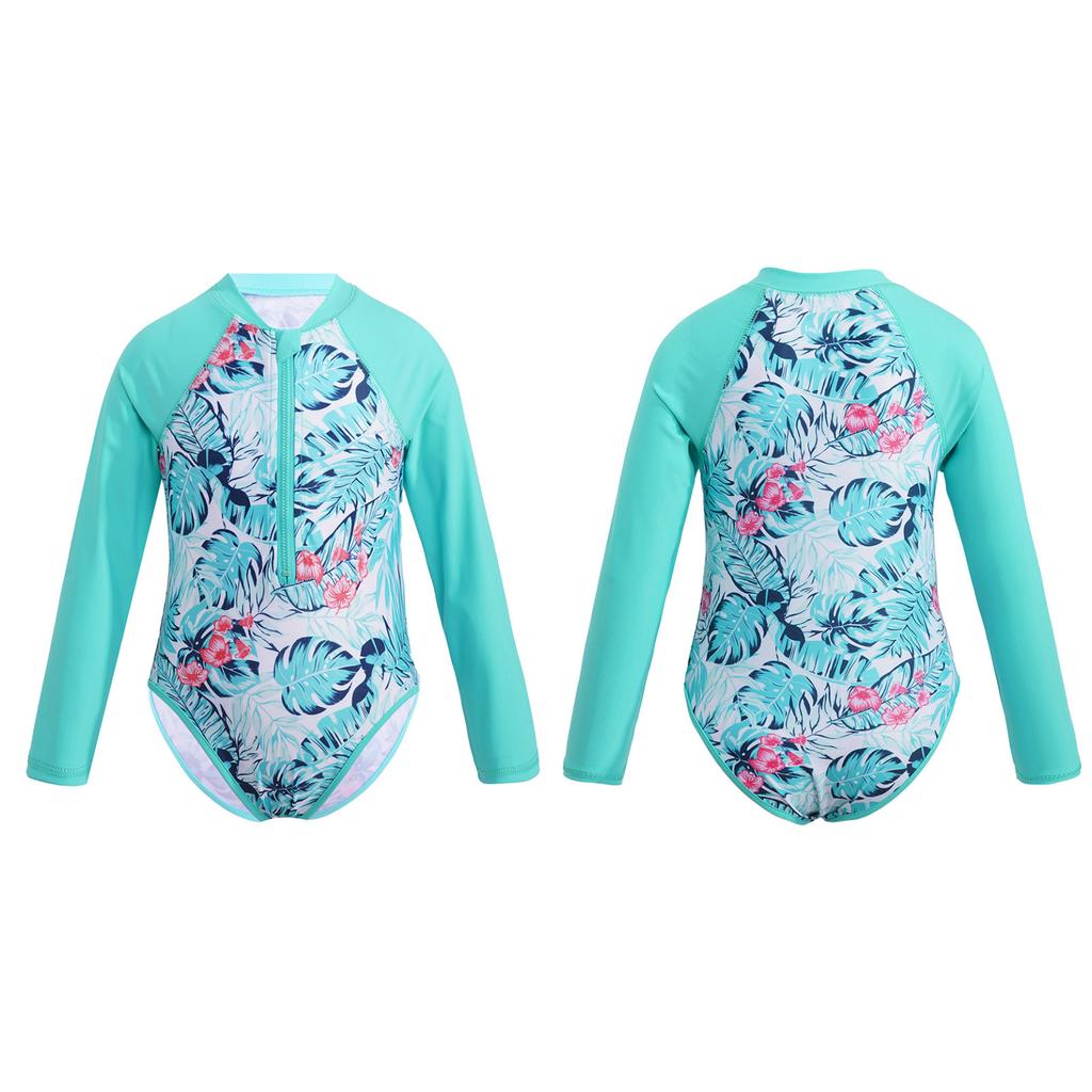 Детский купальник для девочек, купальный костюм на молнии с длинными рукавами и принтом пальм, купальный костюм, боди, пляжная одежда