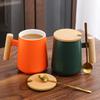 480ml Vintage Nordic Design Ceramic Coffee Mug with Lid Wooden Handle Retro Office Home Water Cup Simple Business Gift Drinking