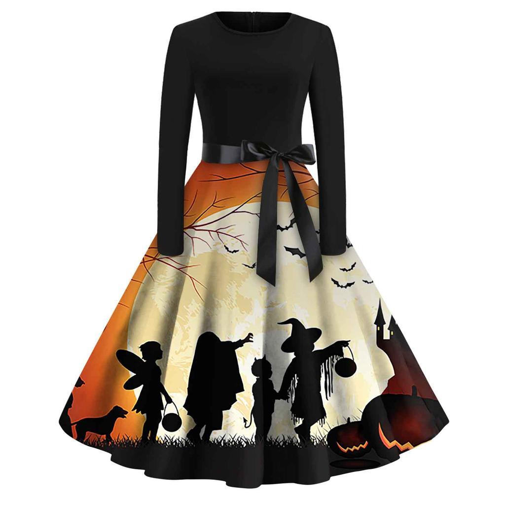 Women's Fashion Round Neck Casual Slim Fit Halloween Printed Long Sleeve Dress