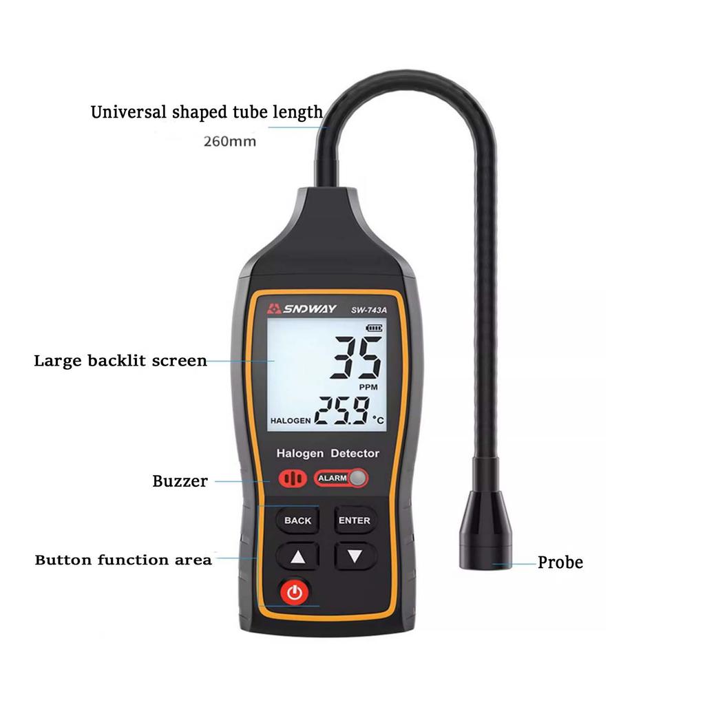 Галогеновый детектор утечек кондиционера, 0-1000PPM Звуковая световая вибрационная сигнализация Тестер утечки хладагента, SW-743A