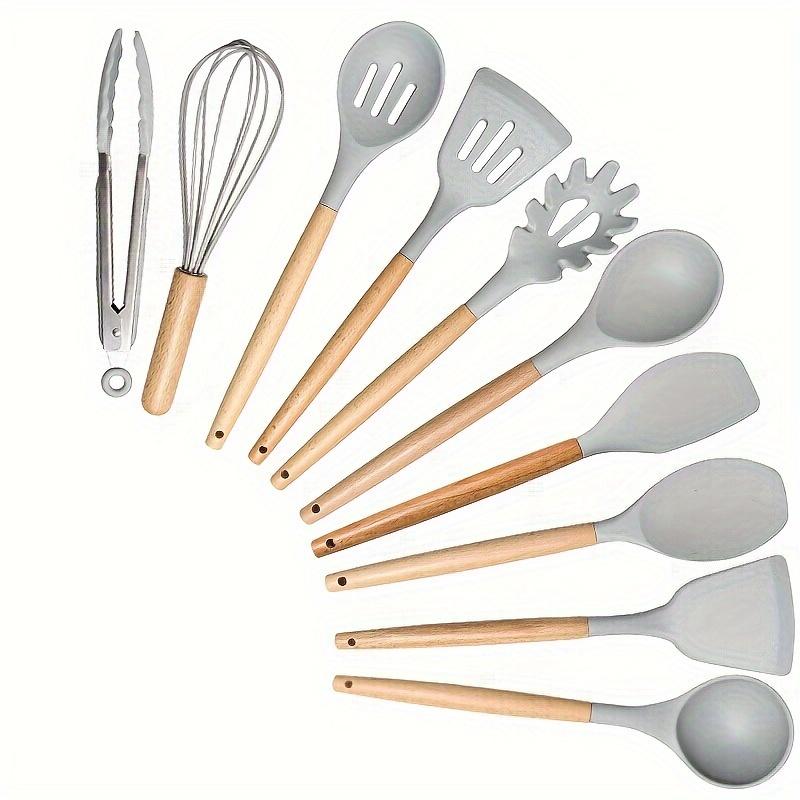 10 Pcs Silicone Cooking Utensil Set with Wooden Handles, Heat Resistant Non-Stick Kitchen Spatula Turner Spoon Tongs Whisk