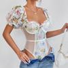 New Printed Lace Mesh Steel Ring Bubble Sleeve Printed Hollow Out Perspective Bodysuit