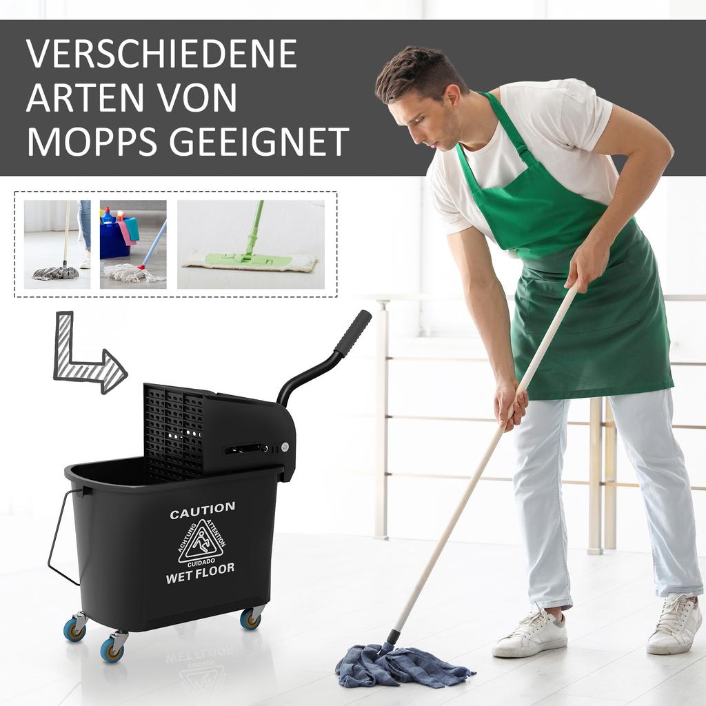 20L Compact Mop Bucket on Wheels, with Water Separation Panel - Black