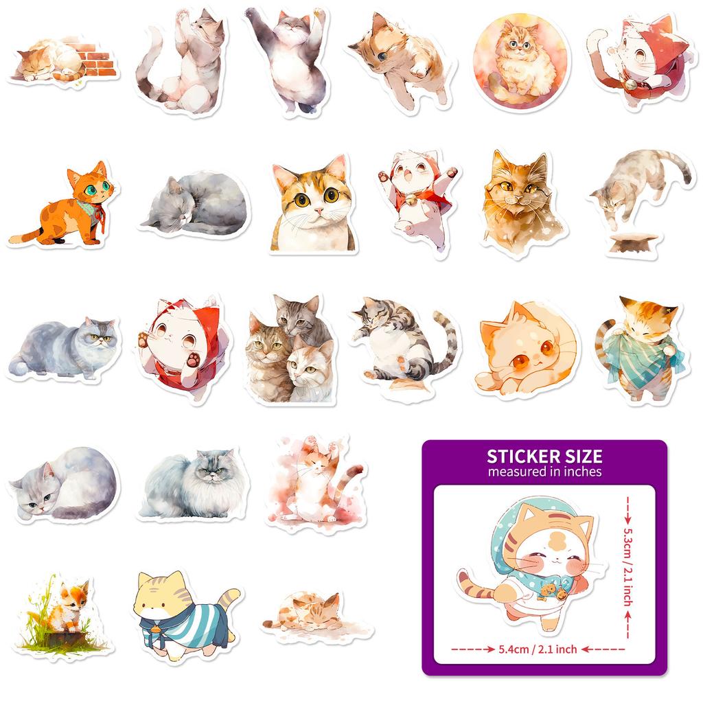 50 Watercolor Cat Stickers Cartoon Cute Cat Watercolor Stickers Decorative Suitcase Guitarist Account Book Stickers