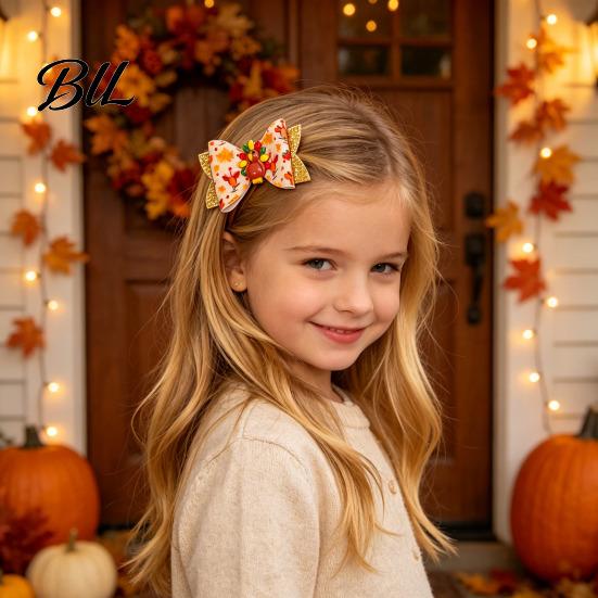 Faux Leather Hair Clips Thanksgiving Turkey Bow Clip for Girls, Decorative Pins, Cute Cartoon Double Layer Glitter Clip, Autumn Holiday Party