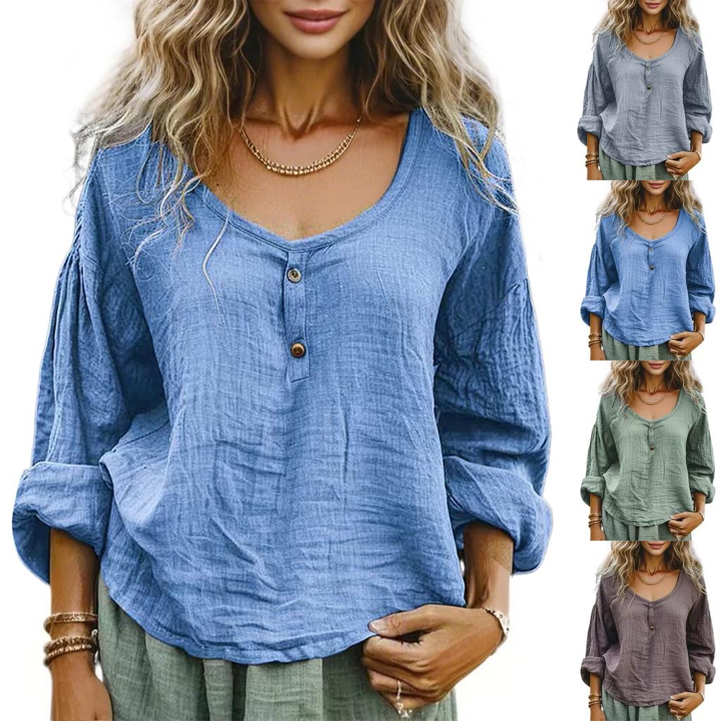 Women's Casual Loose Fashion Long Sleeve Cotton Linen Solid Color Round Neck Button-down Shirt