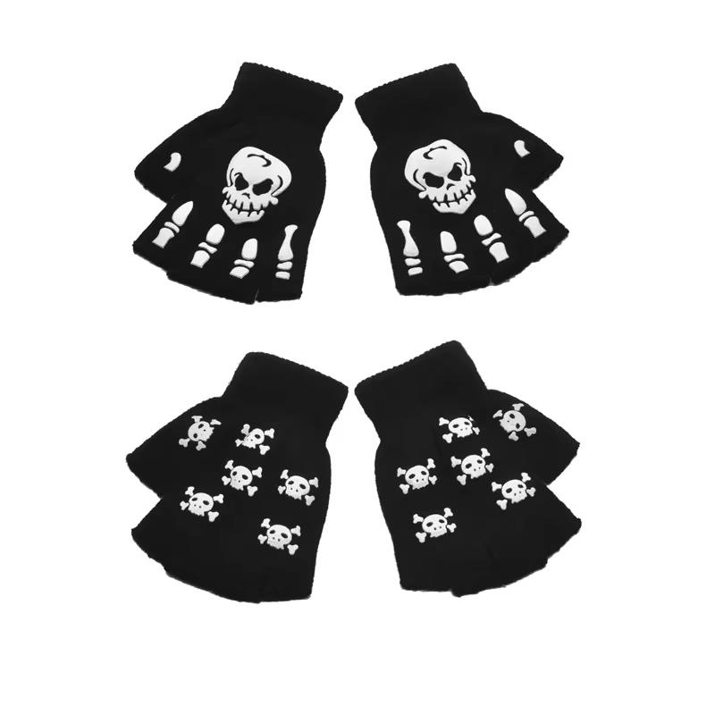 Luminous Halloween Skeleton Skull Gloves Punk Half Finger Gloves Winter Unisex Skull Fingerless Knitted Mitten Glow In The Dark