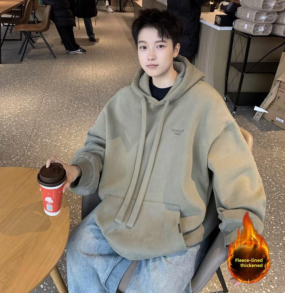 Huamian Men's Heavyweight Hooded Sweatshirt - New Autumn/Winter, Velvet Lined, Trendy American Style, Loose Fit