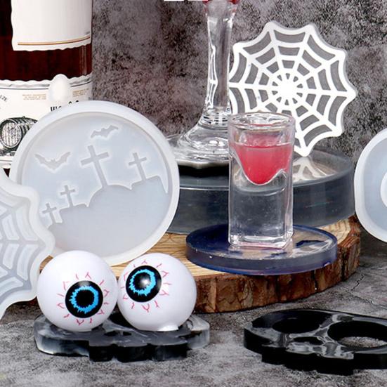 Halloween Coaster Resin Mold Skull Spider Web Tombstone Shape DIY Craft Epoxy Resin Casting Silicone Candle Cup Holder Candle Mould
