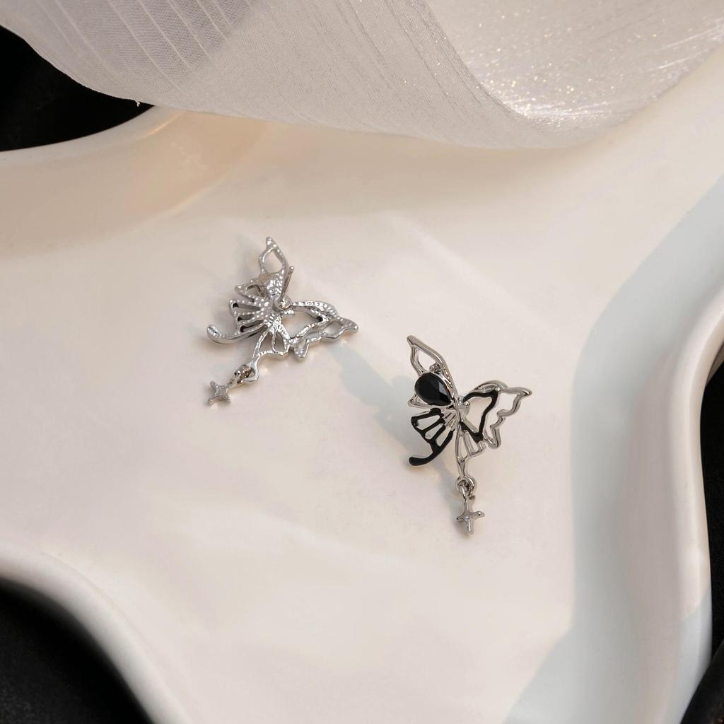 Dark Butterfly Hollow Earrings with Asymmetrical Star Tassels - Sweet and Cool Style