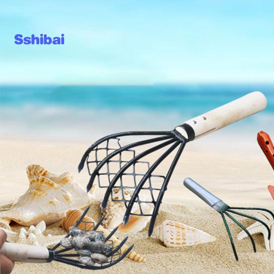 2 шт./компл., стальные грабли-моллюски с деревянной ручкой, сетчатый карман, ракушка для морепродуктов, инструмент для экскаватора, грабли-моллюски, пляжные аксессуары для зажима
