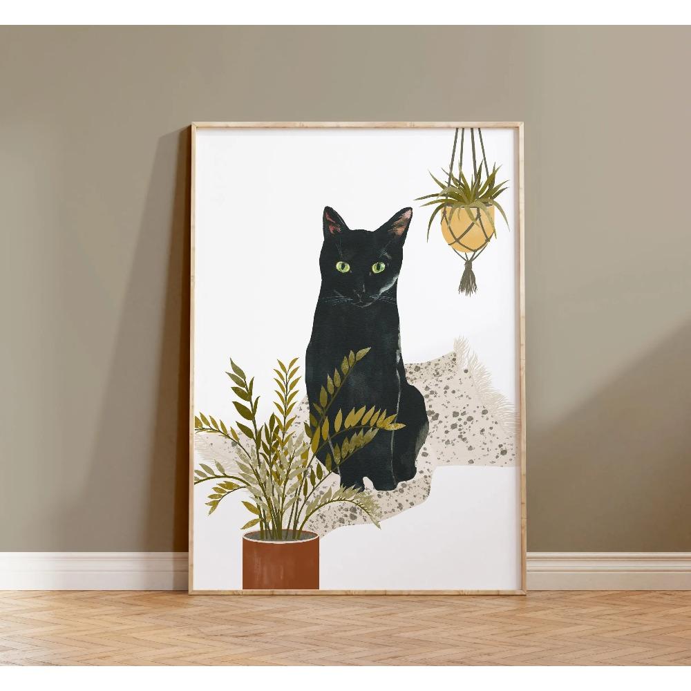 Watercolor Kittens Print Cat and Plant Poster Wall Art Leisurely Cute Kitty Canvas Painting Living Room Bedroom Home Decor
