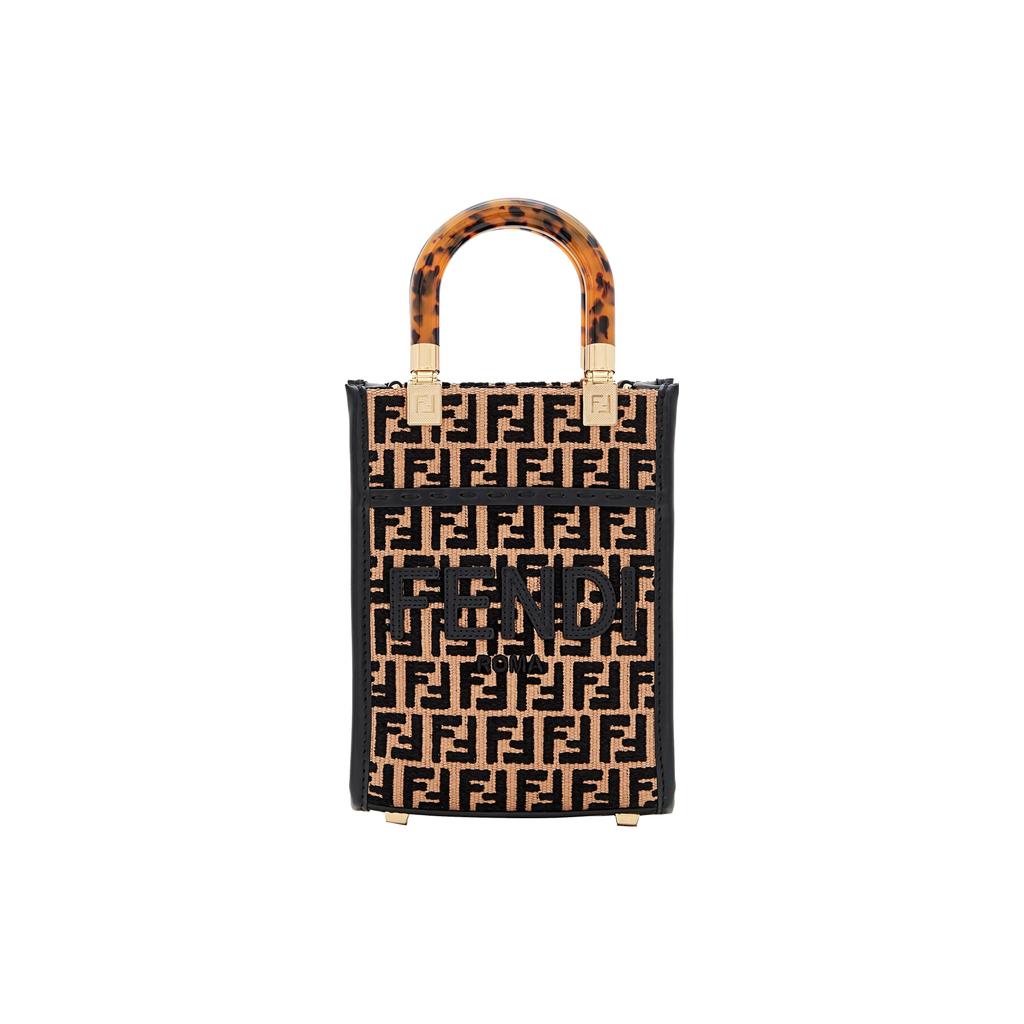 Fendi Солнечный узор FF Вышитая Черепаховый эффект Жесткая ручка Логотип Сумка-тоут Женская сумка-тоут Черный Бежевый 8BS051AQ0XF0VPJ