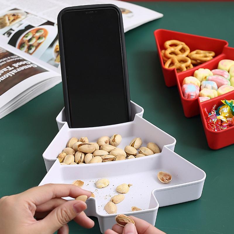 Christmas Tree Shaped Plastic Snack Dish with Multi Compartment - Decorative Fruit Bowl for Candy/Dried Fruits, Party Home Decor